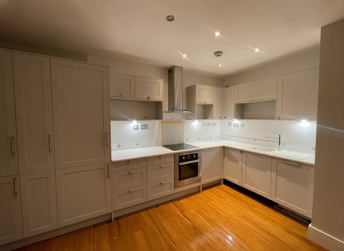 Grey shaker kitchen with quartz worktop, under-cabinet lighting and integrated oven, Barnet