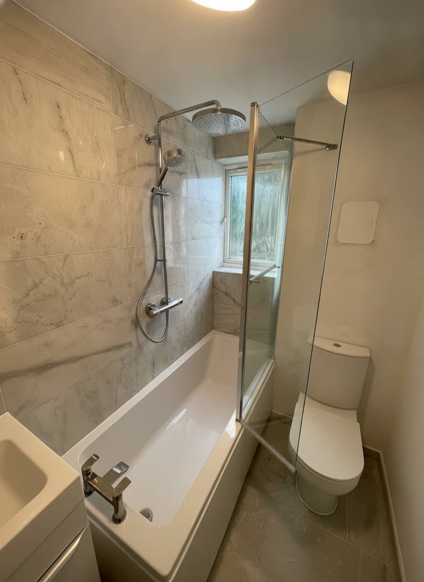 Marble-tiled family bathroom with new bath, rainfall shower and glass screen, North London