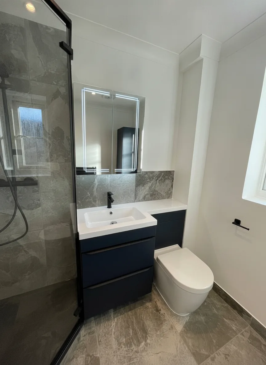 Compact en-suite bathroom with navy vanity unit, LED mirror cabinet and stone-effect tiles, Barnet