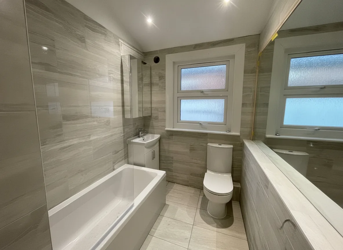 Neutral family bathroom with new bath, vanity basin and mirrored wall, Barnet