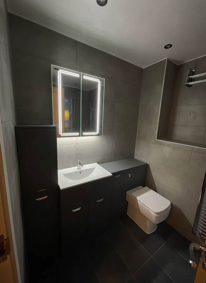 Contemporary dark-tiled en-suite with illuminated mirror cabinet and charcoal vanity, North London