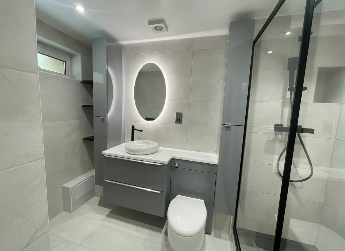 Grey en-suite bathroom with oval LED mirror, countertop basin and black brassware, North London